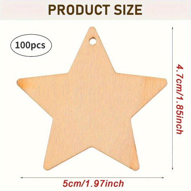 100 Stück Vintage-Holzsterne von WTEMPO in Beige für Weihnachtsbaumschmuck und Bastelarbeiten, Durchmesser: 4,7 cm - Bild 1