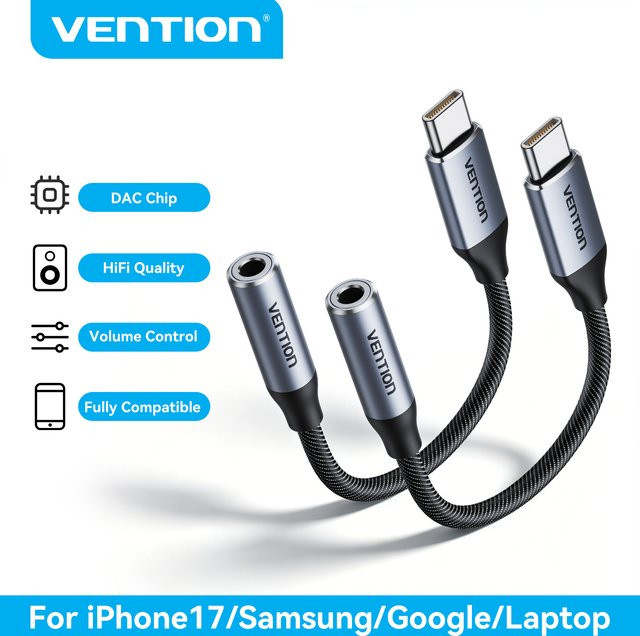 Vention USB-C auf 3,5mm Klinke Kopfhöreradapter mit DAC Set aus 2 Stück für iPhone und Xiaomi - Bild 1