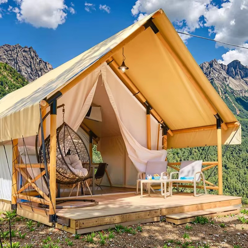 YTYIN Glamping Safari Hotelzelt in Beige als anpassbares Doppeldreieck-Fertigholzhaus mit Stahlwand und rustikalem Design - Bild 2