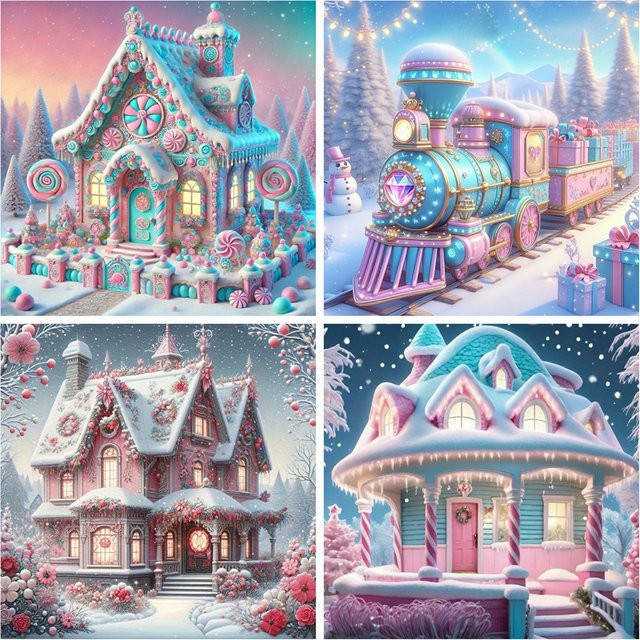 Evershine 4 Stück DIY Diamond Painting Set Zug Landschaft Winter Motiv, Vollrunde Acryl Mosaik Steine, Mehrfarbig, B/H: 20 x 20 cm - Bild 1