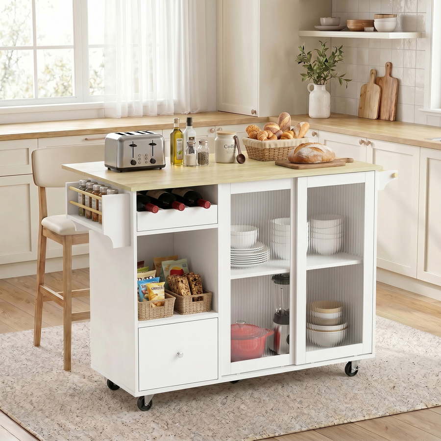 HOMCOM Kücheninsel mit klappbarer Arbeitsplatte in Weiß und Eiche, Küchenwagen mit Schiebetüren aus gehärtetem Glas, Flaschenhalter, Schublade, Gewürzregal und Rollen - Bild 2