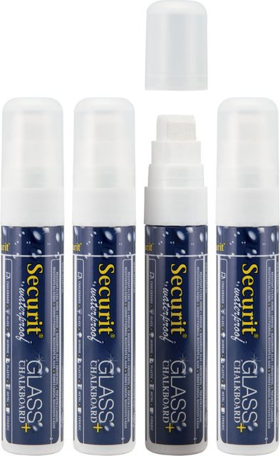 Securit 4er-Set Flüssigkreidemarker Waterproof in Weiß mit rechteckiger Spitze für professionelle Ergebnisse - Bild 1