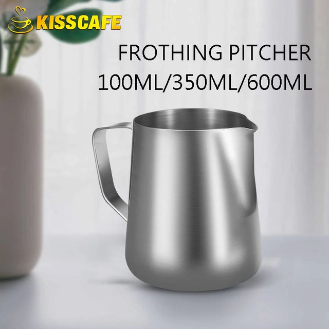 Milchaufschäumer Krug aus Edelstahl von ALIKISSCAFE in Silber, erhältlich in 100 ml, 350 ml und 600 ml, Barista Zubehör für Latte und Espresso - Bild 1