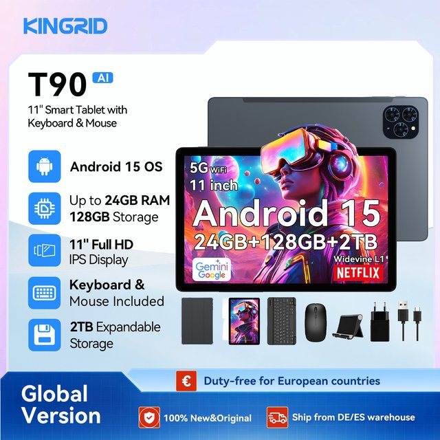 KINGRID T90 Android 15 Tablet-PC in Schwarz mit BT-Tastatur und Maus, 11 Zoll Display, 24GB RAM, 128GB ROM, Octa Core T615 Gaming-Tablet - Bild 1