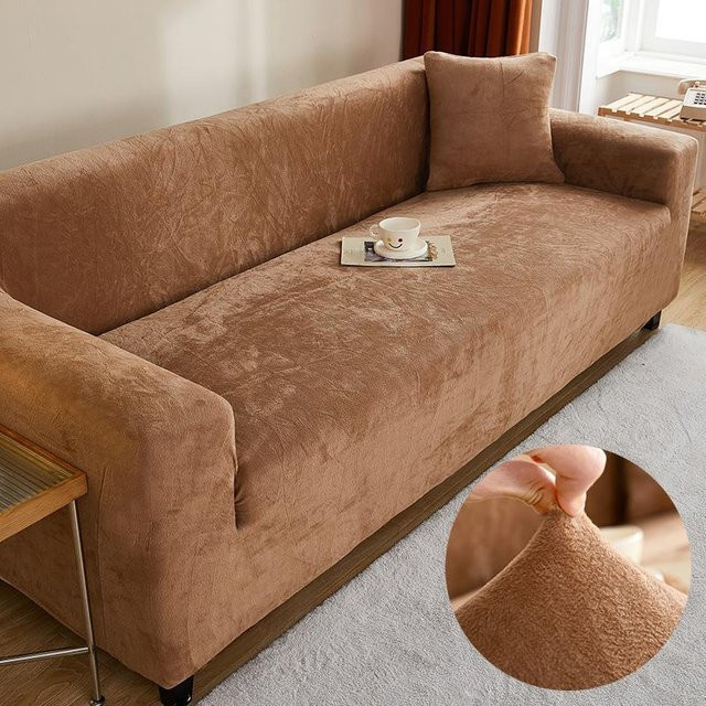 Bestbags Sofaüberwurf aus Samt in Braun, elastischer und rutschfester Couchbezug für 4-Sitzer, Breite: 235-300 cm - Bild 1