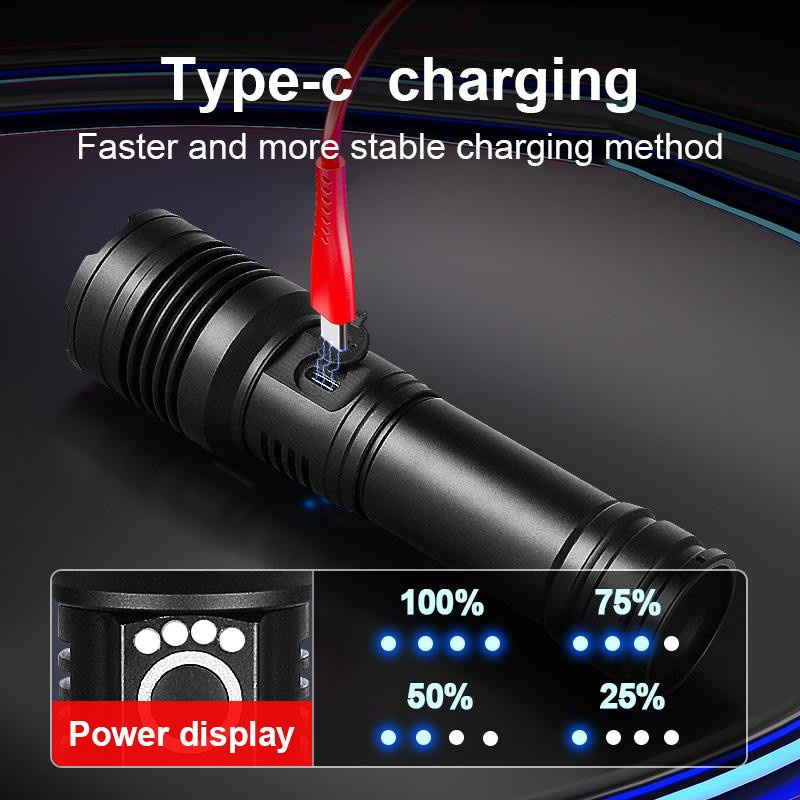 Pawell Ultrahelle LED-Taschenlampe mit 100000 Lumen, wiederaufladbare Hochleistungs-Handtaschenlampe mit Zoom in Schwarz aus Aluminium - Bild 2