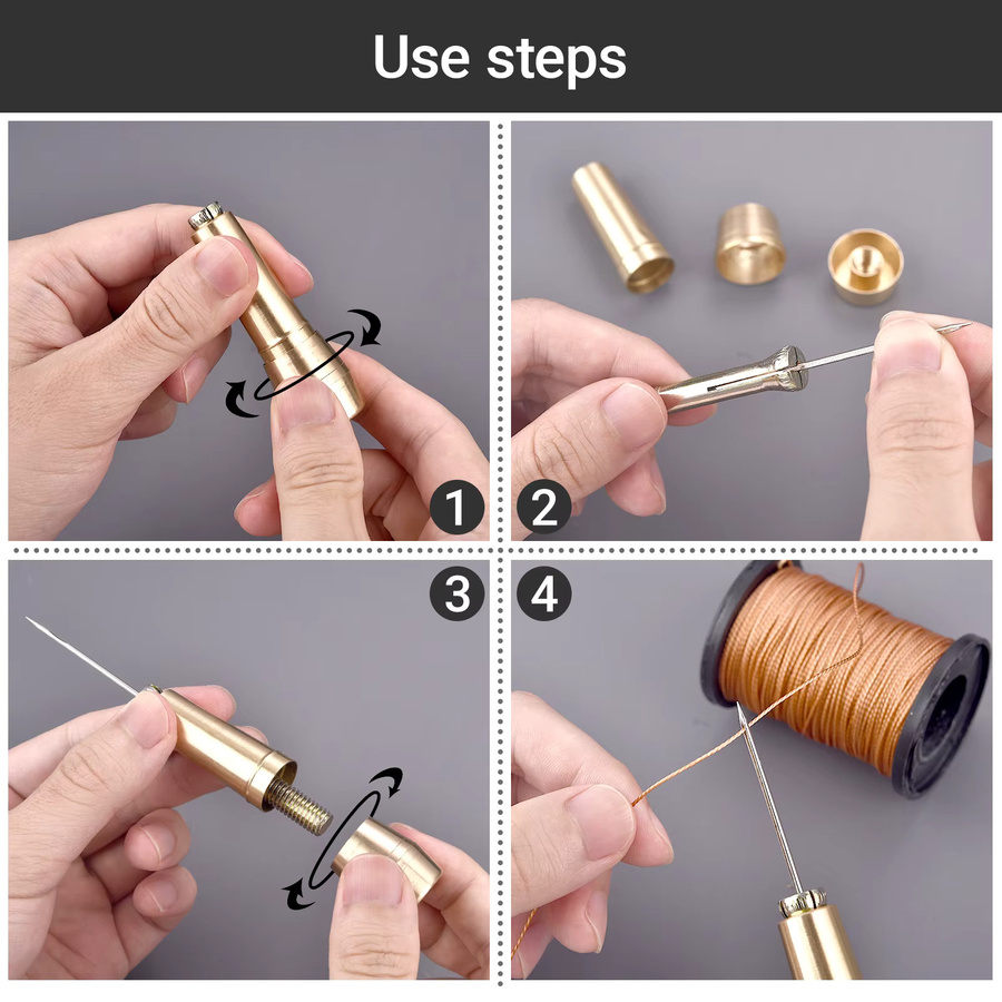 Leder-Nähset zum Selbermachen mit Ahle und Nadel mit Kupfergriff sowie 3-farbigem Faden für Reparaturen an Leder, Segeltuch, Zelten oder Schuhen - Bild 3