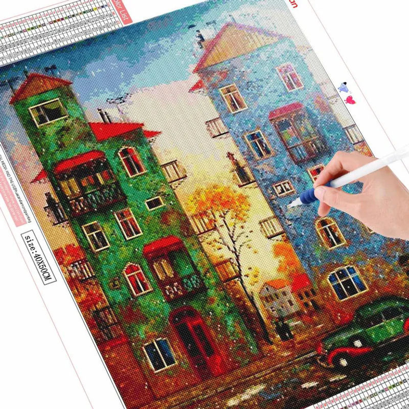 FIYO 5D Diamant-Malerei Landschaft mit Haus und Straße, Mosaik-Stickerei in Hellblau und Mehrfarbig, B/H: 30 x 20 cm - Bild 2