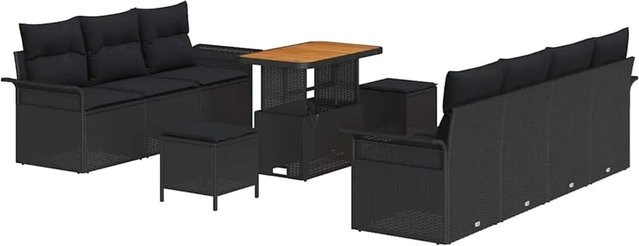 vidaXL Garten-Sofa-Set 10-teilig aus Poly-Rattan und Akazienholz in Schwarz mit Polstern und Armlehnen - Bild 1
