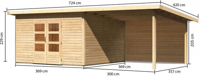 Gartenhaus aus Holz NORTHEIM 5 Naturbelassen mit Anbaudach und Rückwand B/T: 369 x 369 cm - Bild 1