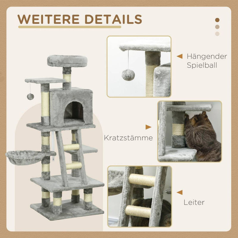 PawHut Kratzbaum für Katzen in Grau mit Plüsch, Höhle und integriertem Spielzeug, B/T/H: 44 x 49 x 132 cm - Bild 6