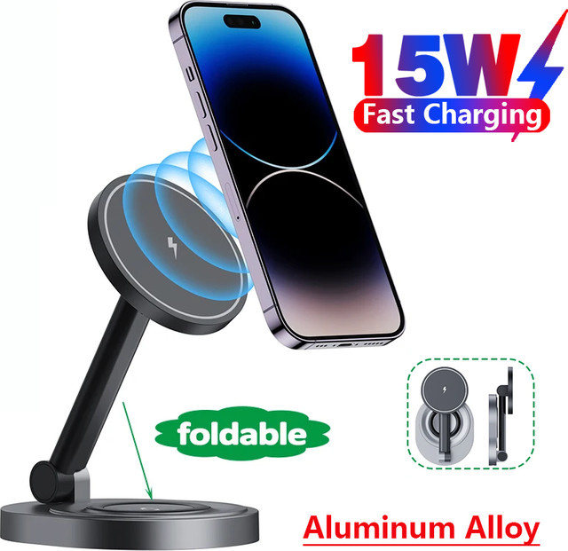 VIKEFON 2 in 1 Magnetischer Kabelloser Ladeständer 15W Faltbare Schnellladestation für iPhone, Apple Watch und AirPods in Schwarz - Bild 1