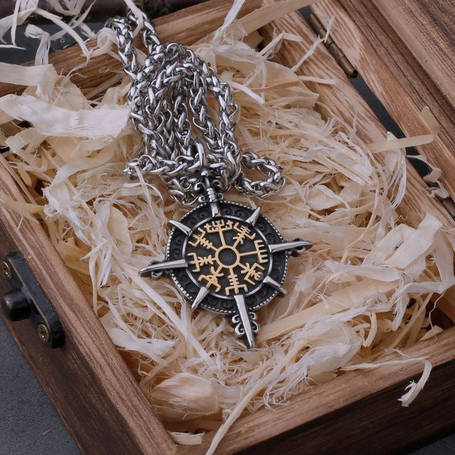 Halskette Vegvisir Kompass, Edelstahl, Silber, Herren, Anhänger - Bild 1