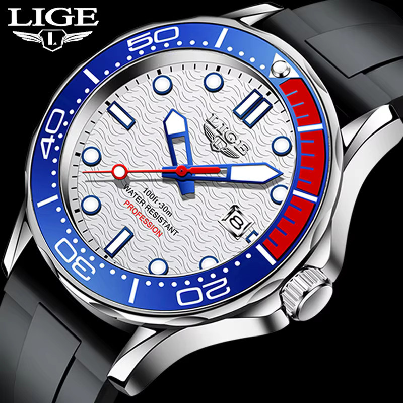 LIGE Armbanduhr, Taucheruhr, Quarz, Edelstahl, Silber, Silikon, Herren - Bild 4