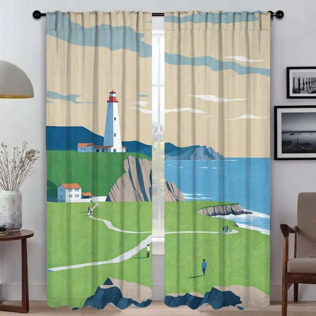 Grüne Grasland Innenvorhänge aus Tüll für Wohnzimmer und Schlafzimmer, 2 Stück, B: 50 cm, H: 70 cm - Bild 1