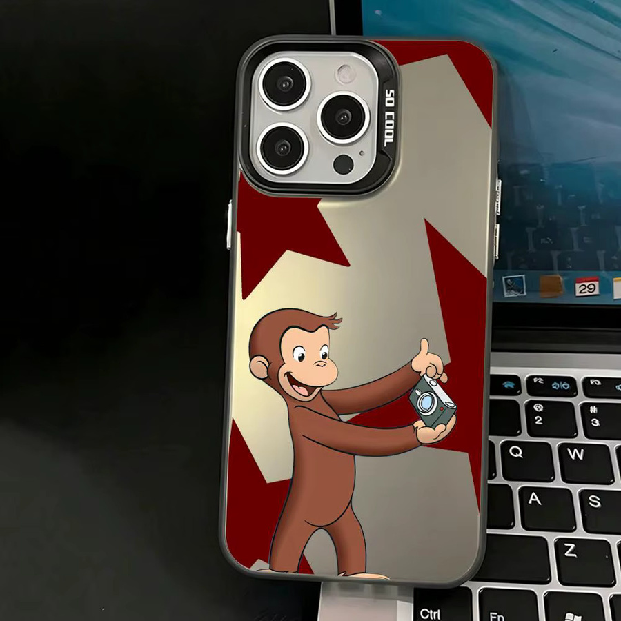 Anime C-Curious George Handyhülle für Apple iPhone 11 bis 17 Pro Max, Matte Laser Aurora Schutzhülle in Schwarz und Multicolour, Stoßfeste Hülle - Bild 2