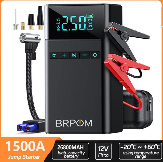 BSMOOM Auto-Starthilfe-Powerbank mit 150PSI Luftpumpe und 3-Modus-LED-Taschenlampe, 1500A Notfall-Starter für 12V Autobatterien, Schwarz - Bild 1