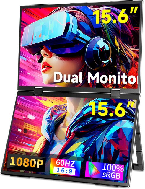 HGFRTEE Dual tragbarer Monitor für Laptop, 15,6 Zoll, faltbares Dreifachdisplay, Schwarz - Bild 1