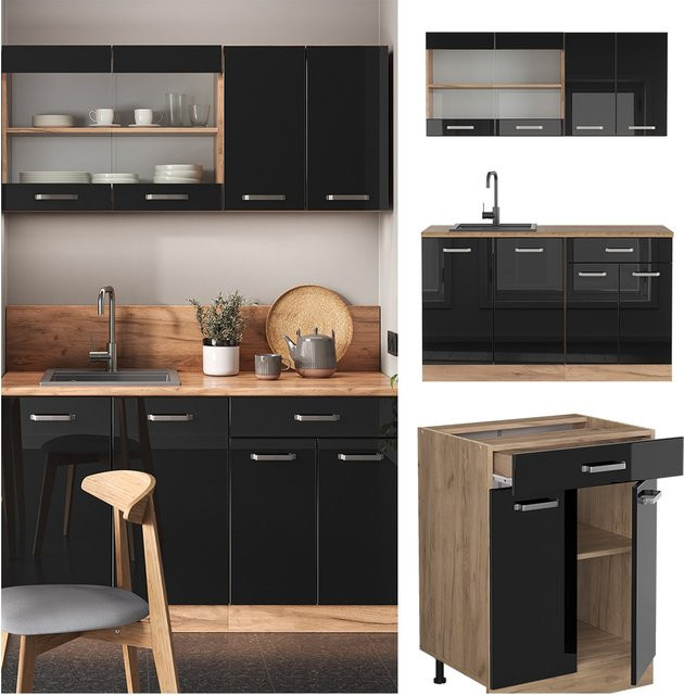Vicco R-Line Küchenzeile in Schwarz und Eiche mit Goldakzenten, Breite: 140 cm - Bild 1