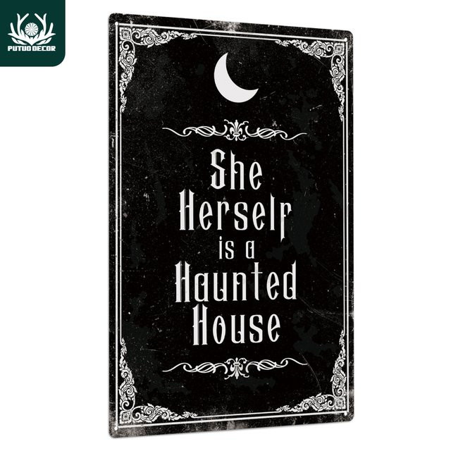 Putuo Decor Vintage-Metallblechschild She Herself Is a Spukhaus Wandkunst-Dekoration für Halloween in Schwarz, B/H: 30,0 x 20,0 cm - Bild 1