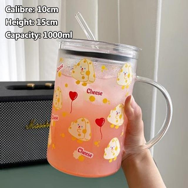 Binchi Keji Travel Cartoon-Glasbecher mit Deckel und Strohhalm, transparent, 1000 ml - Bild 1