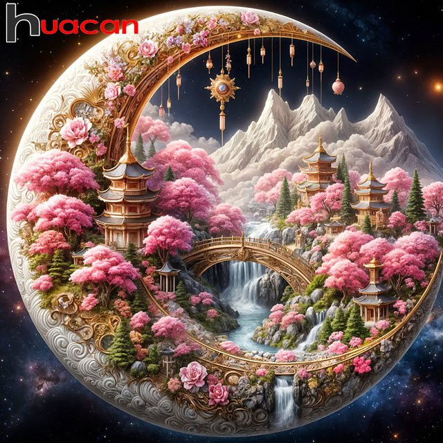 Huacan 5D-Diamantgemälde Mond Landschaft Mosaik Dekoration Rund Multicolour B/H/T: 20 x 20 x 20 cm - Bild 1
