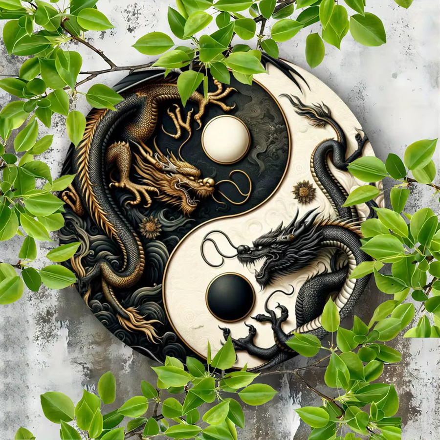 Potdemiel Metallschild Yin-Yang mit chinesischem Drachen in Schwarz-Weiß, runde orientalische Wandkunst, Durchmesser: 20 cm - Bild 3