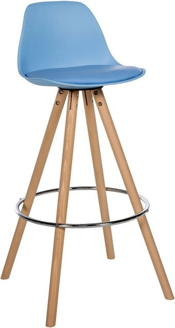 DELUKE Barhocker PALMA mit Lehne und Ablage aus blauem Kunstleder und Buchenholz in Silber - Bild 1