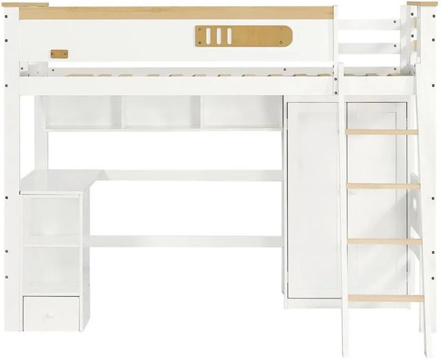 KOMHTOM Etagenbett für Kinder aus Kiefernholz mit Tisch, Kleiderschrank, Regal und Leiter, Farbe Weiß und Natur, B/T/H: 200 x 90 x 156,5 cm - Bild 1