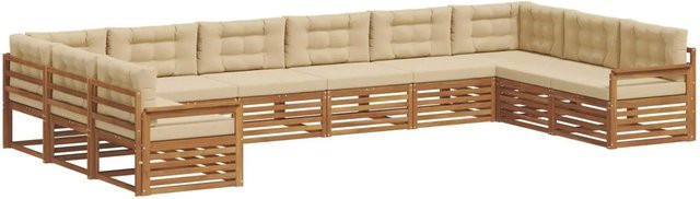 vidaXL Sofagarnitur aus Massivholz Akazie in Natur und Beige, 10-teiliges U-Shape Sofa-Set mit Sitz- und Rückenkissen - Bild 1