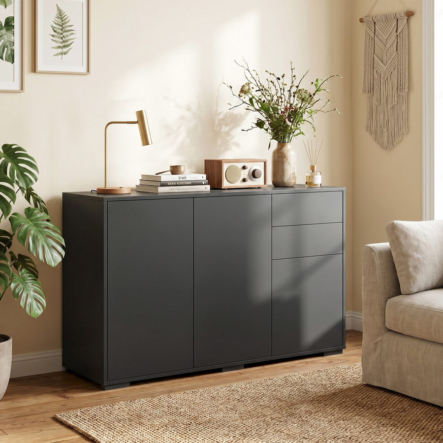 HOMCOM Sideboard Kommode in Schwarz mit 2 Schubladen und 3 Türen, moderner Aufbewahrungsschrank mit verstellbaren Ablagen, B/T/H: 117 x 36 x 74 cm - Bild 2