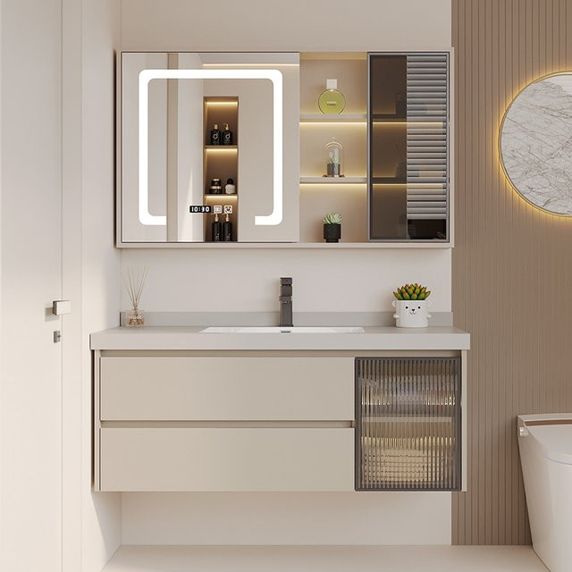 OAKCIA Badezimmermöbel Set mit Keramikwaschbecken, Spiegel mit LED-Beleuchtung und Wandunterschrank in Weiß - Bild 1