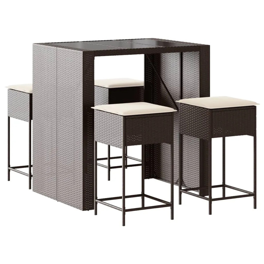 vidaXL 5-tlg Gartenbar-Set aus braunem PE-Rattan mit cremeweißen Kissen und Hartglas-Tisch für Garten und Terrasse - Bild 2