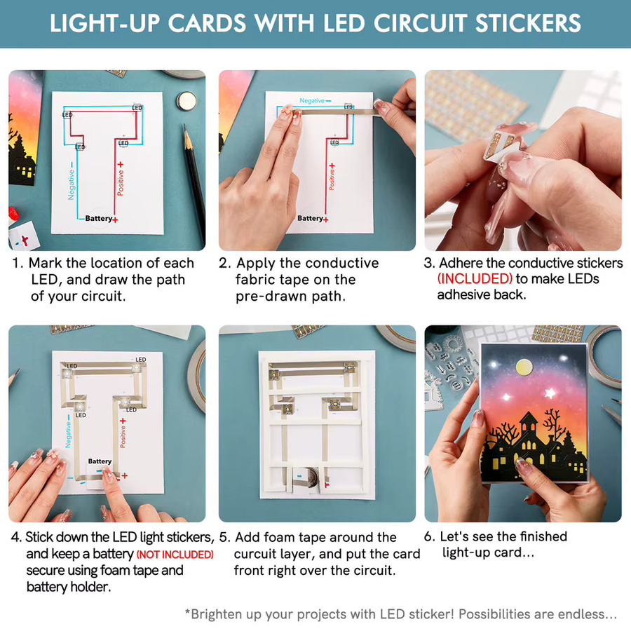 Weiße LED-Schaltungsaufkleber und leitfähiges Stoffband als Bastelset für Licht-Handwerk, Scrapbook-Dekoration und besondere Karten - Bild 1