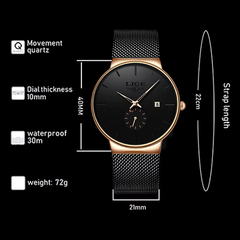 LIGE Armbanduhr, Quarz, Silikon, Schwarz, Herren - Bild 4