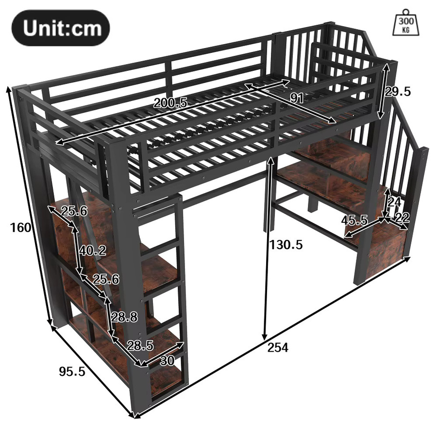 Hochbett aus Metall im Industrial-Design mit Stufen, Geländer und LED-Beleuchtung, Farbe Schwarz, B/T/H: 200 x 90 x 130,5 cm - Bild 4