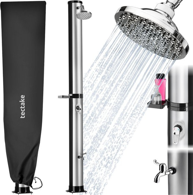 tectake Solardusche Orinoco Schwarz mit 40 Litern, Seifenablage, Regenduschkopf mit Kugelgelenk, extra Wasserhahn und Schutzhülle, H x B x T: 222 x 47,5 x 29 cm - Bild 2