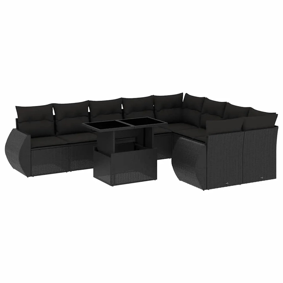 vidaXL 10-tlg. Garten-Sofagarnitur in L-Form aus Poly-Rattan mit Kissen, Schwarz - Bild 2