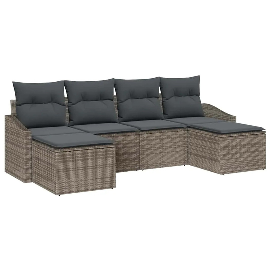 vidaXL Garten-Sofa-Set 6-teilig aus Polyrattan in Grau mit Polsterkissen und Ottoman für Terrasse und Balkon - Bild 2