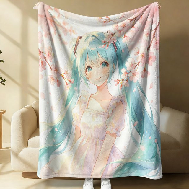 Hatsune Miku Flanell-Decke mit Sakura Kirschblüten-Design, Mehrfarbig, B/T: 100 x 70 cm - Bild 1