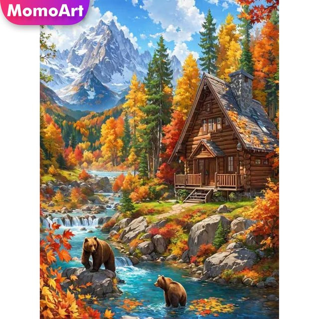 Momoart Diamantmalerei Hauslandschaft mit Wald Fluss und Bergen als DIY Diamantmosaik Stickerei in Multicolour, B/H: 30 x 20 cm - Bild 1