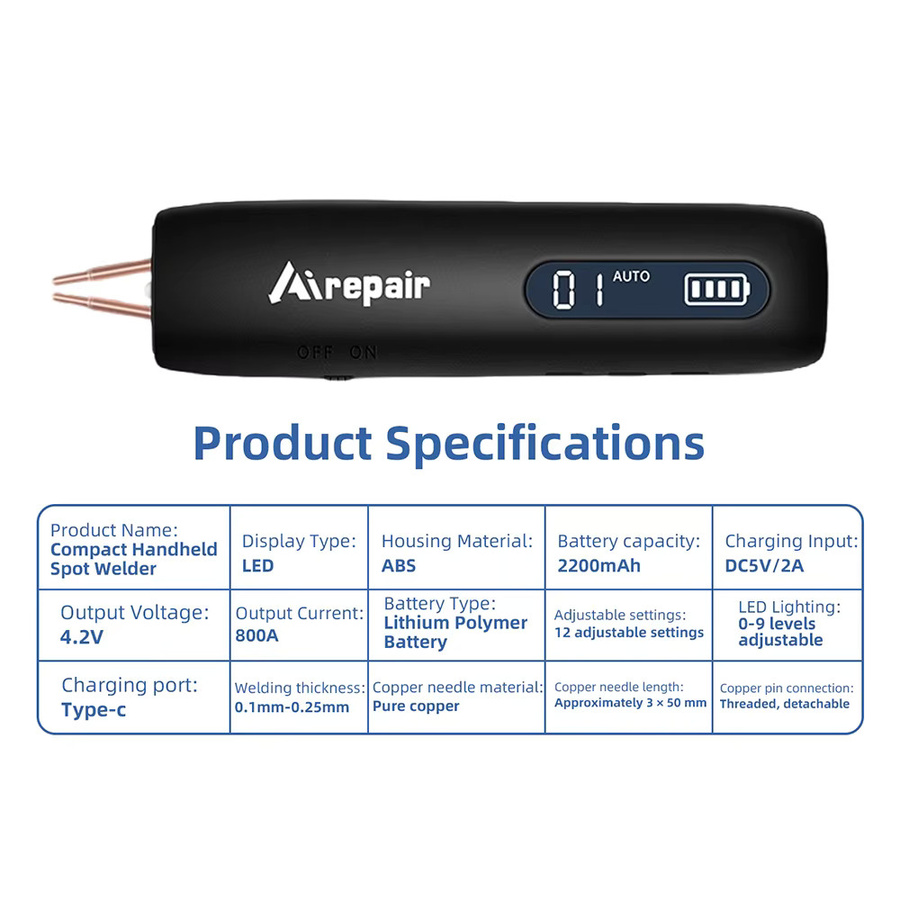 Airepair Tragbare Lithium-Batterie-Punktschweißmaschine in Schwarz mit 12 Leistungsstufen für bis zu 0,25 mm Nickelstreifen, abnehmbare Stifte und LED-Licht für Handy-Reparatur und DIY-Montage - Bild 3