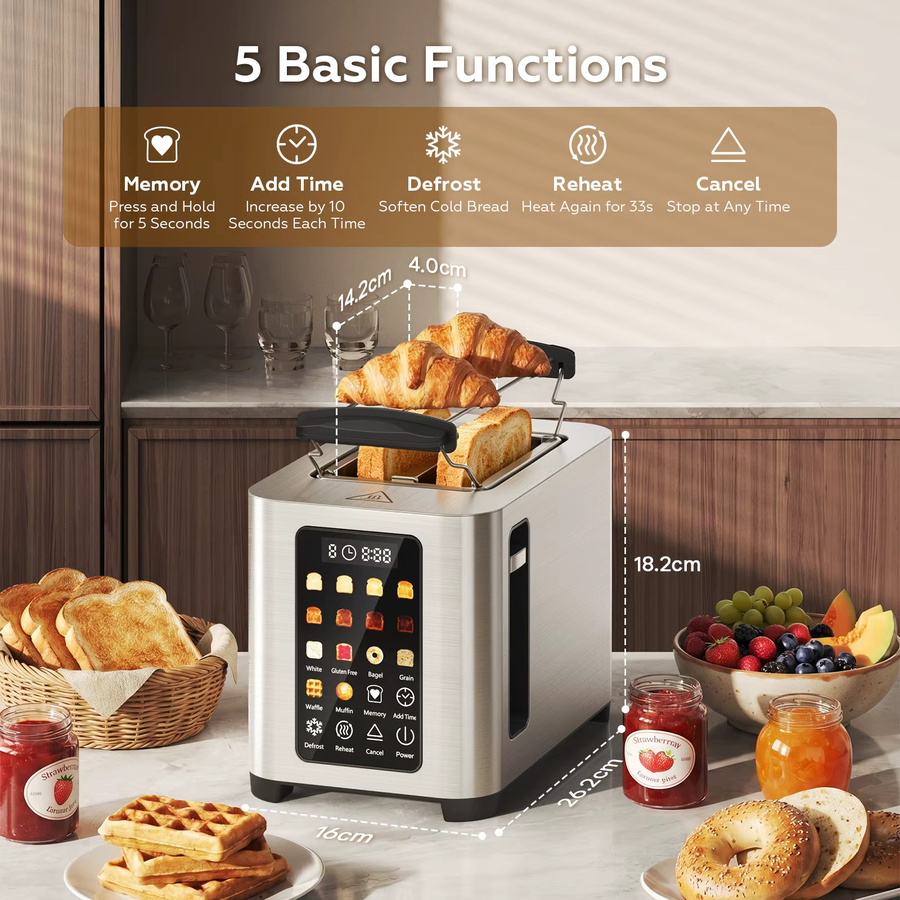 Patbrela Smarter Toaster aus Edelstahl in Silber mit Touchscreen, digitalem Timer und Brothalter für 2 Scheiben - Bild 2