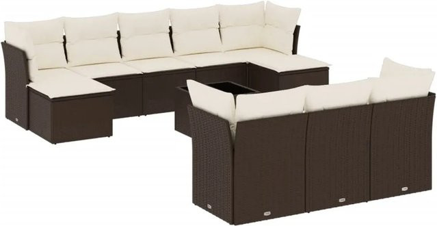 vidaXL 11-tlg. Garten-Sofagarnitur in U-Form aus braunem Polyrattan mit Kissen und Metallgestell - Bild 1