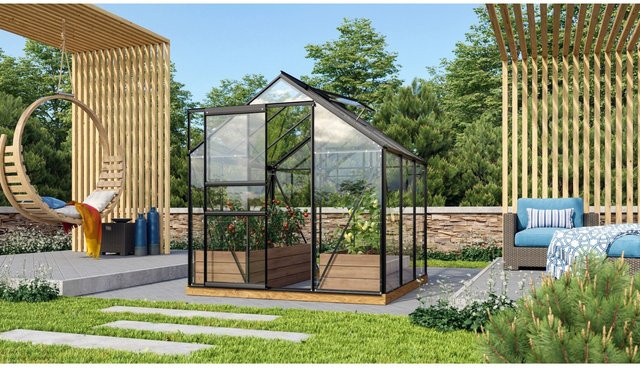 Vitavia Gewächshaus Venus 3800 in Schwarz mit 3,8 m² Fläche, Aluminiumrahmen, Sicherheitsglas und Fundament - Bild 1