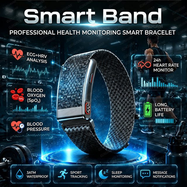GUHUAVMI Bildschirmloser Fitness-Tracker Smartband in Schwarz mit EKG, PPG, Harnsäure- und Blutsauerstoffmessung sowie Körperanalyse für Männer und Frauen - Bild 1