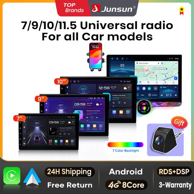 Junsun Universal Auto Radio Stereo Multimedia System mit CarPlay und Android Auto für Ford Peugeot Citroen Fiat, Schwarz, 7/9/10 Zoll - Bild 1