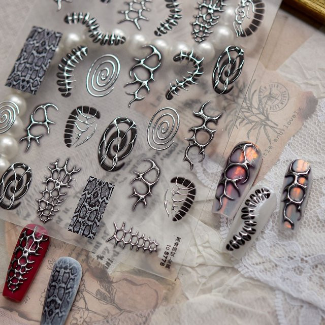 Nagelaufkleber Metall-Punk, Gotisches Skelett-Schlangen-Spiralmuster, Metallic, Unisex - Bild 1