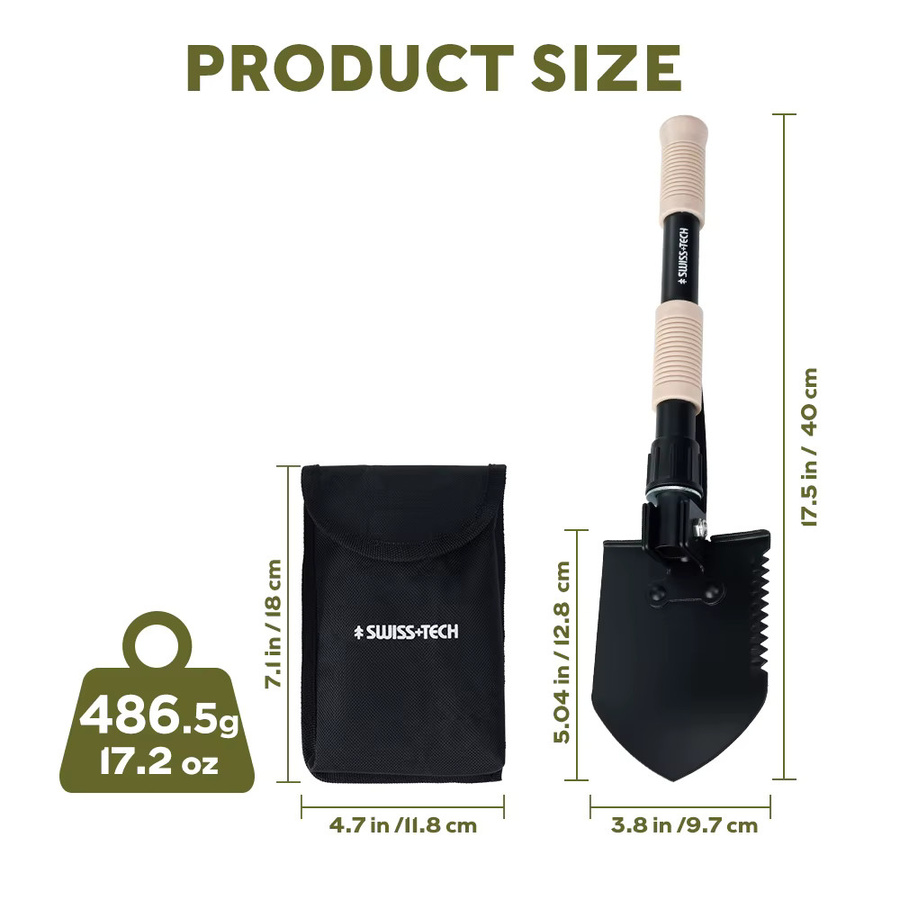 Swiss Tech 3-in-1 Multitool Klappspaten in Schwarz als ultraleichte EDC Outdoor-Campingausrüstung und multifunktionales Gartenwerkzeug-Set - Bild 4
