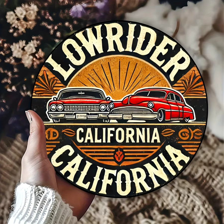 Potdemiel California Lowrider Rundes Aluminiumschild Vintage Wanddekoration Mehrfarbig Durchmesser: 20 cm - Bild 3